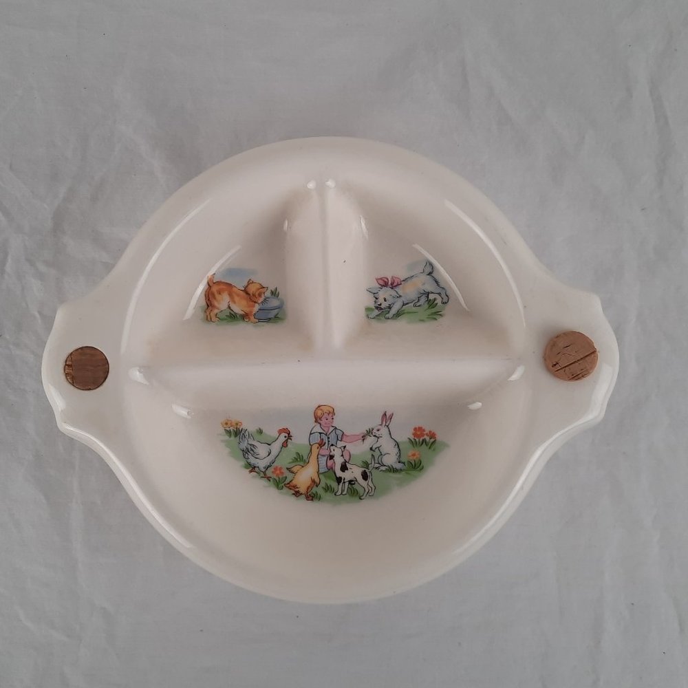 SOLD Antique Child Divided Baby Food Plate Hot Water Warming Dish